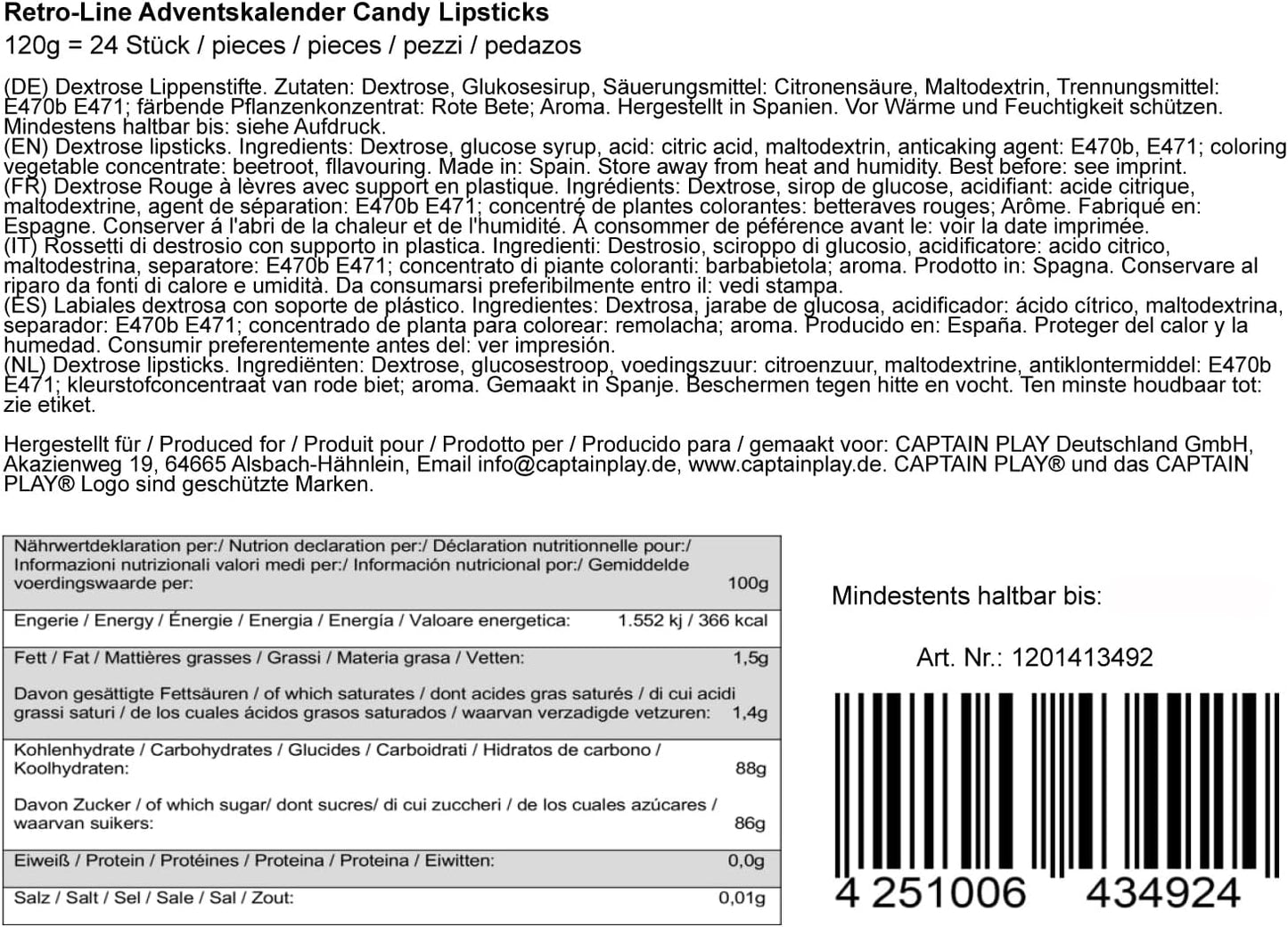 CAPTAIN PLAY Candy Lipstick Adventskalender 2025 - 120g