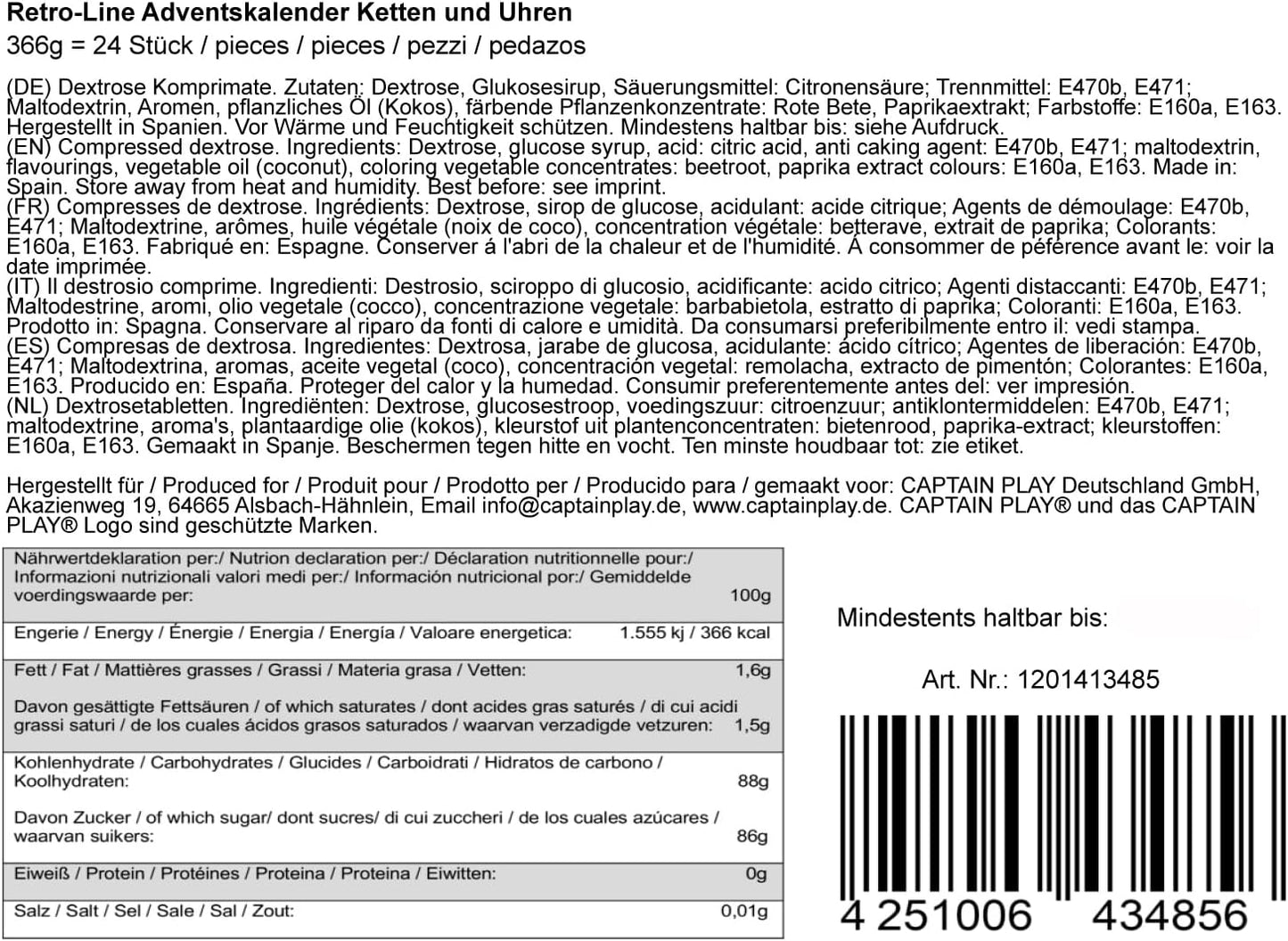 CAPTAIN PLAY Adventskalender 2025 Süße Uhren und Süße Ketten - 366g