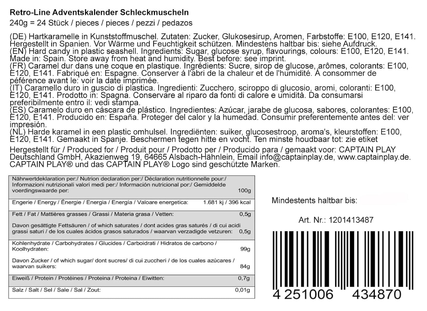 CAPTAIN PLAY Schleckmuschel Adventskalender 2025 - 240g