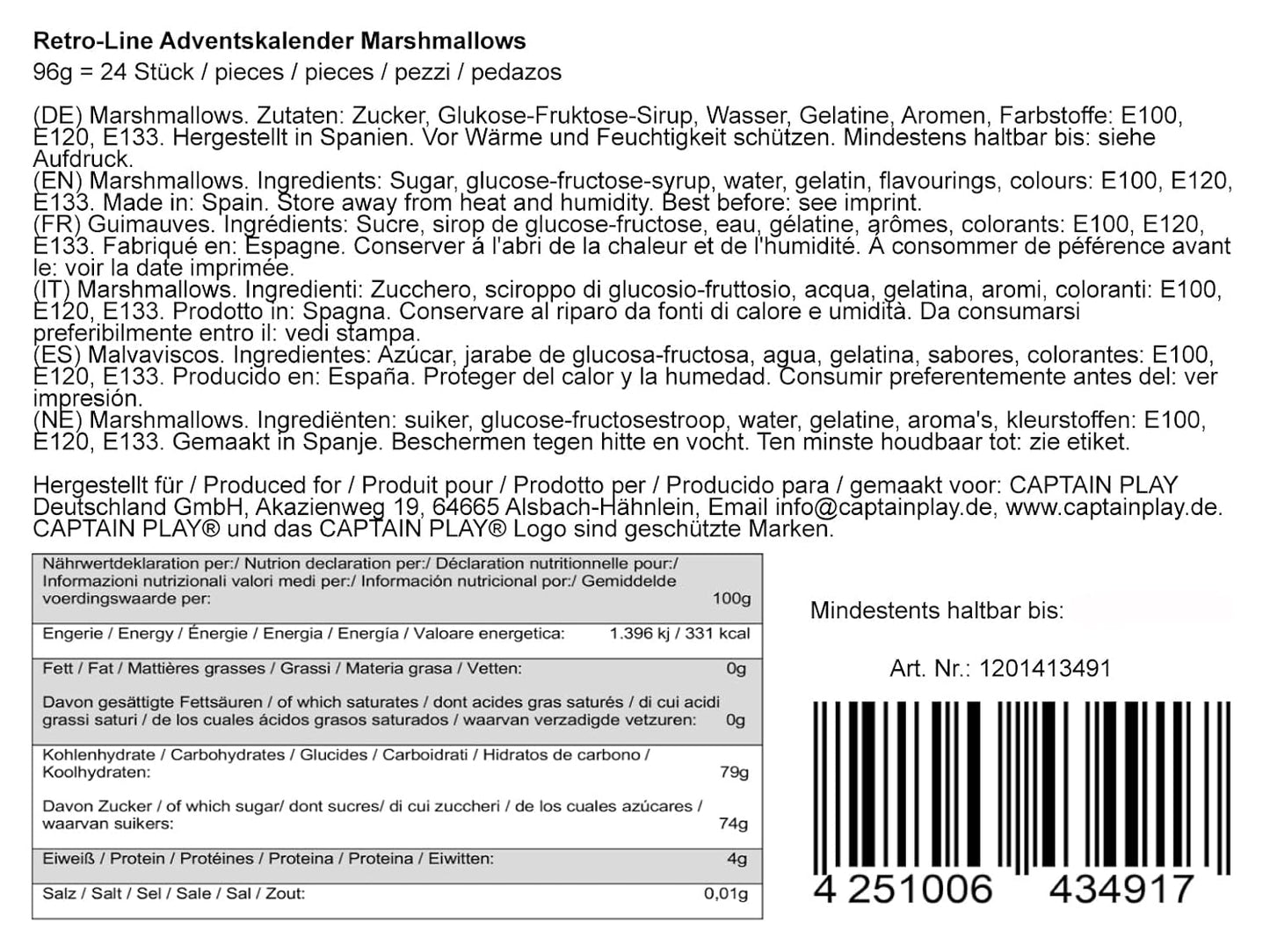 CAPTAIN PLAY Marshmallow Adventskalender 2025 – 96g
