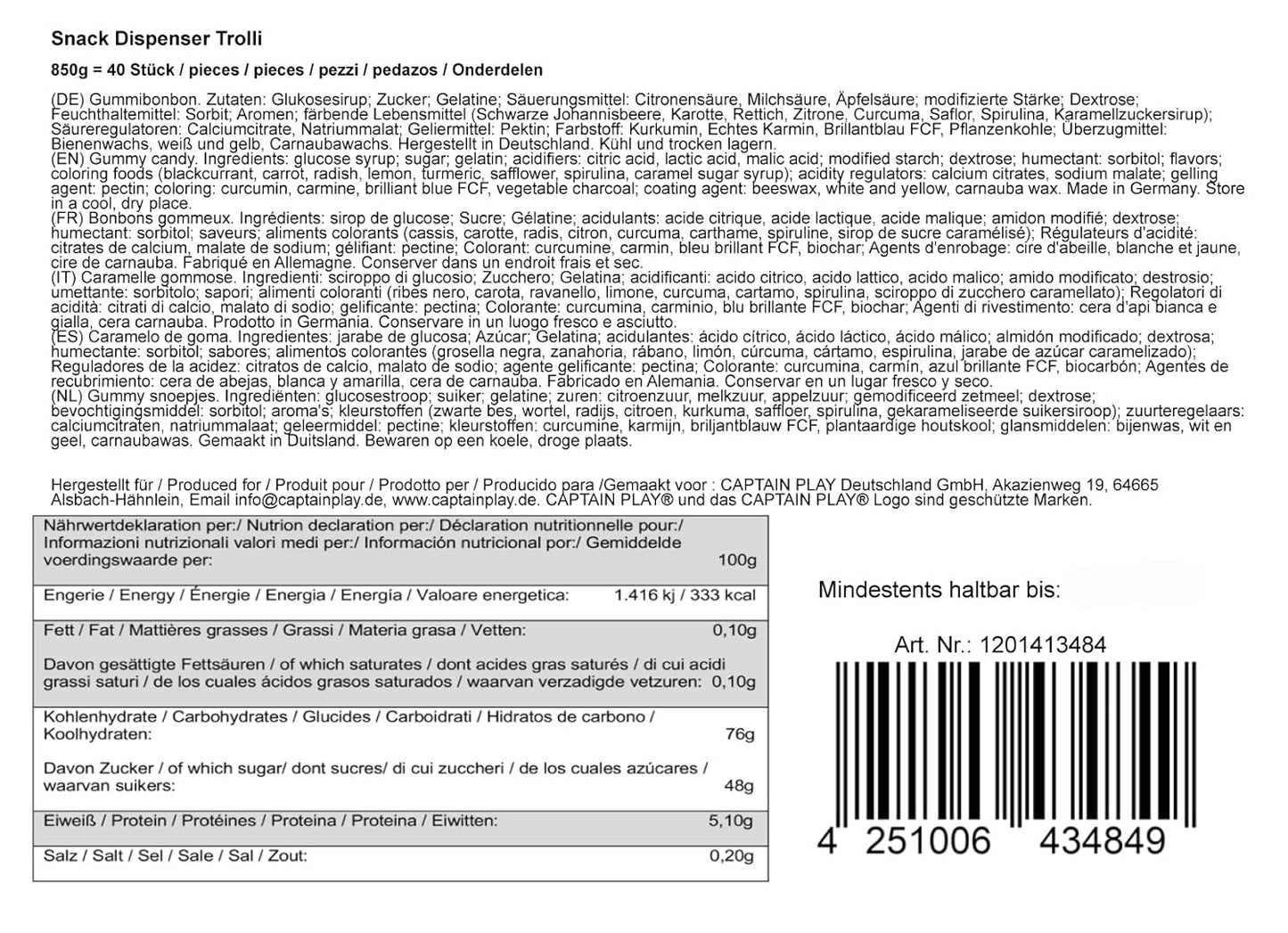 CAPTAIN PLAY Snack Dispenser Trolli