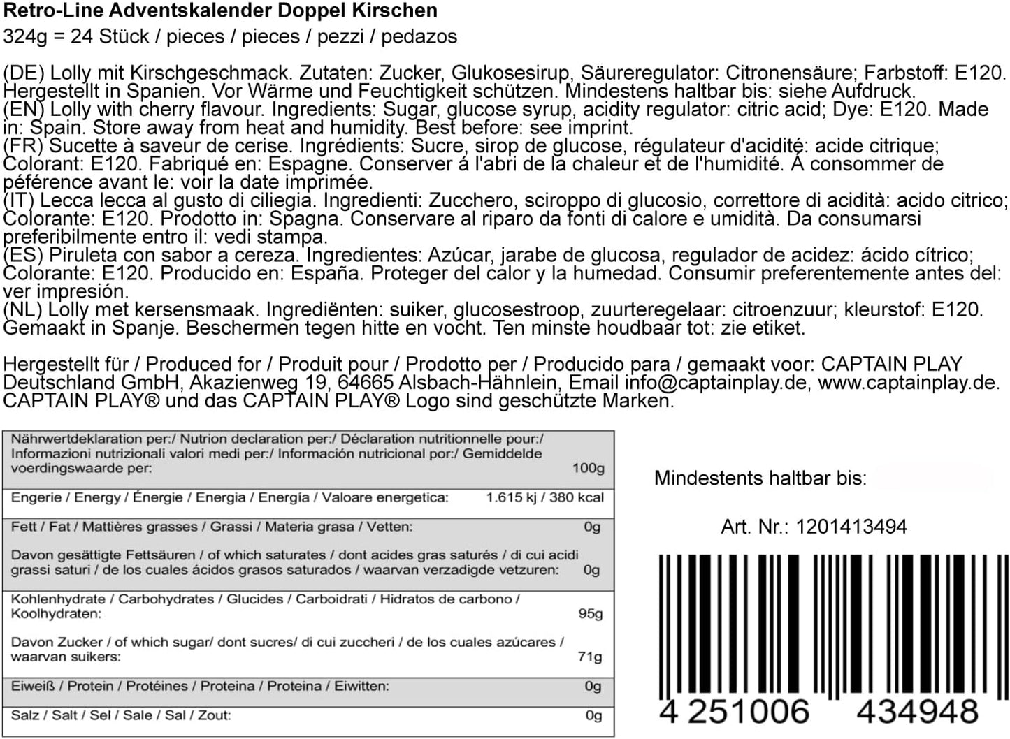 CAPTAIN PLAY Doppel-Kirsch Adventskalender 2025 - 324g