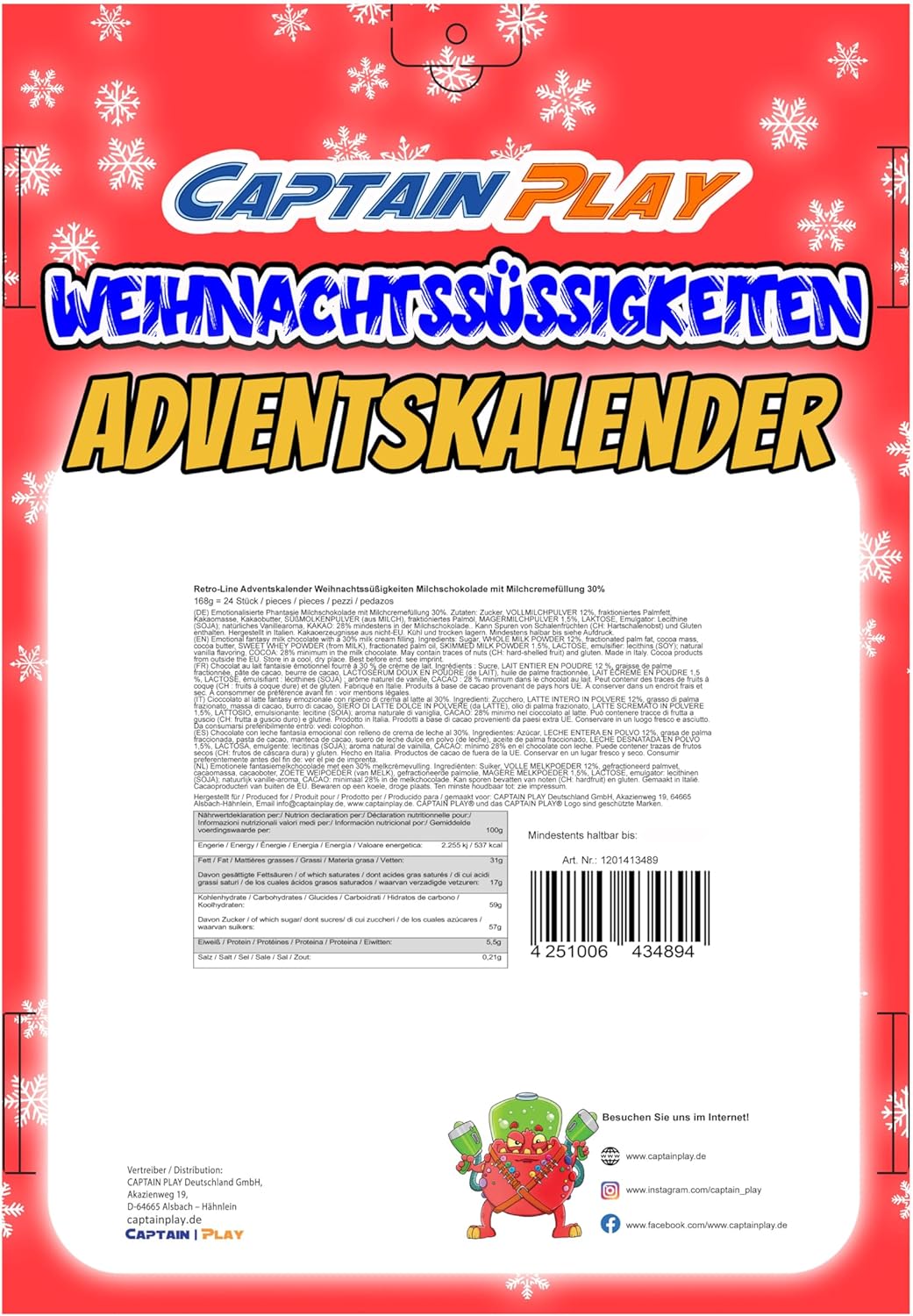 CAPTAIN PLAY Weihnachts Süßigkeiten Adventskalender 2025 - 168g