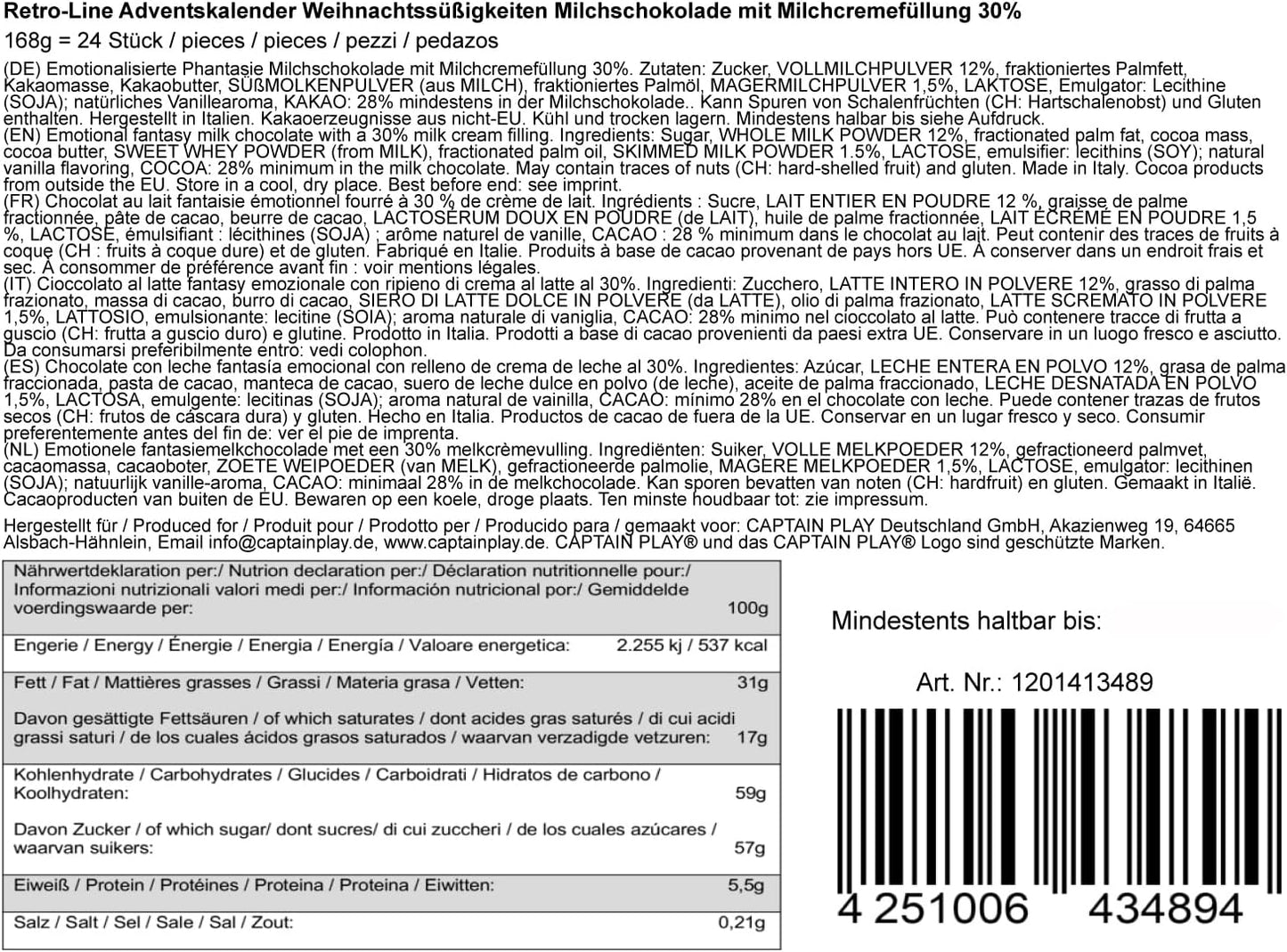 CAPTAIN PLAY Weihnachts Süßigkeiten Adventskalender 2025 - 168g