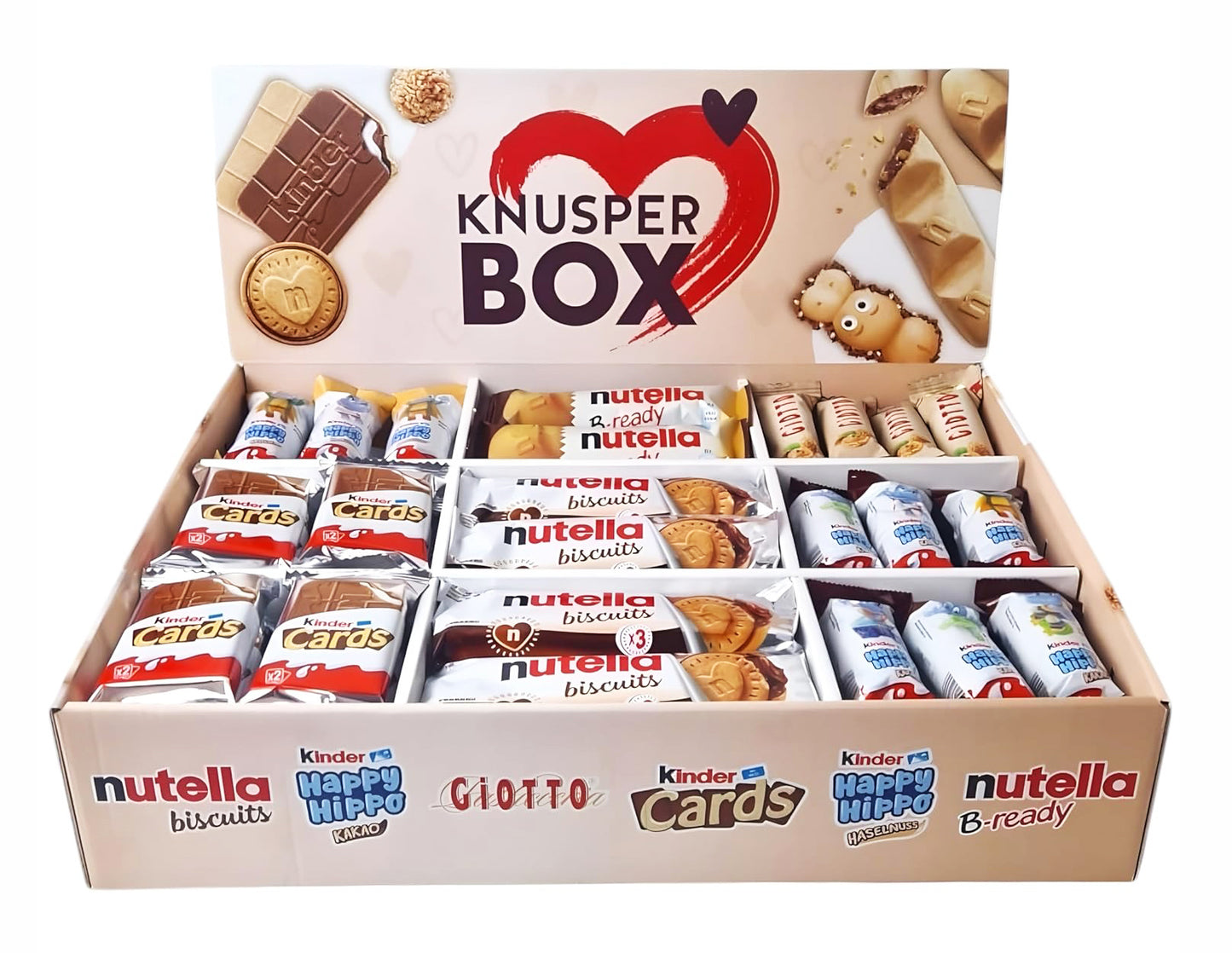 Ferrero Knusper Box mit 74 Teilen in 6 Sorten, mit Kinder Cards, Nutella Biscuits, Kinder Happy Hippo, Nutella B-Ready und Giotto, 1er Pack (1 x 1,8kg)