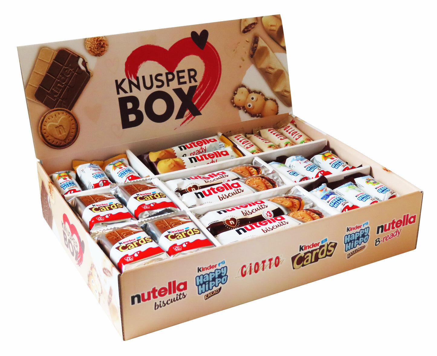 Ferrero Knusper Box mit 74 Teilen in 6 Sorten, mit Kinder Cards, Nutella Biscuits, Kinder Happy Hippo, Nutella B-Ready und Giotto, 1er Pack (1 x 1,8kg)