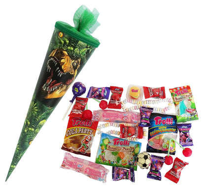 CAPTAIN PLAY Schultüte Dinosaurier 35cm gefüllt mit Süßigkeiten ohne Schokolade (20-teilig)