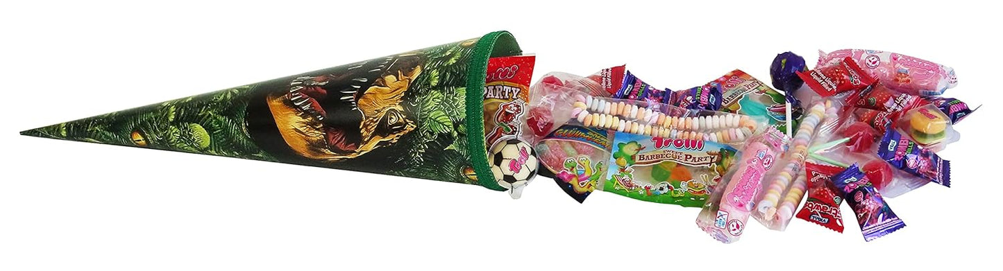 CAPTAIN PLAY Schultüte Dinosaurier 35cm gefüllt mit Süßigkeiten ohne Schokolade (20-teilig)