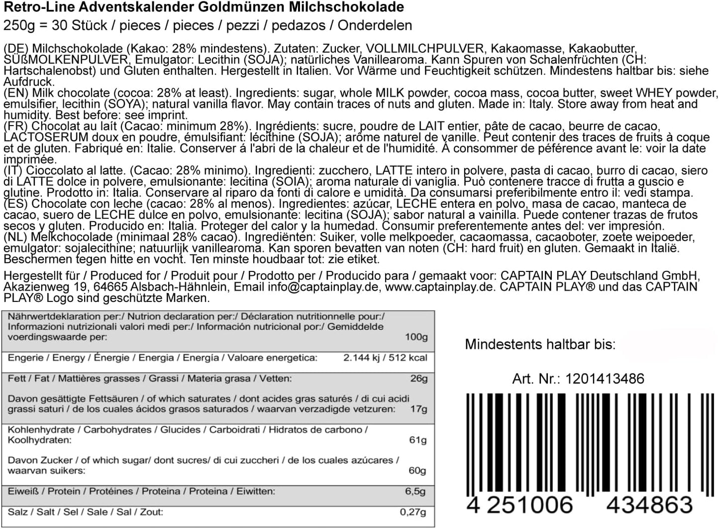 CAPTAIN PLAY Goldmünzen Schokolade Adventskalender 2025 - 250g