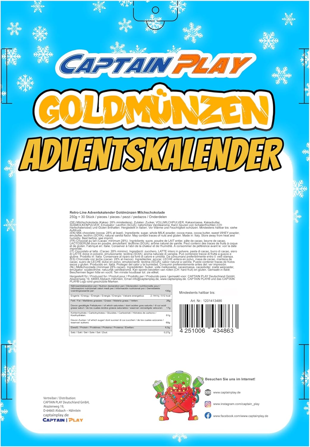 CAPTAIN PLAY Goldmünzen Schokolade Adventskalender 2025 - 250g