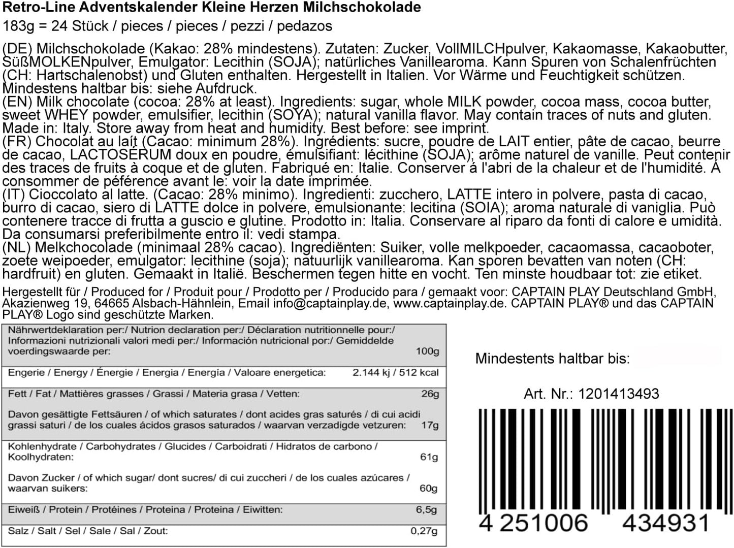CAPTAIN PLAY Herz Schokolade Adventskalender 2025 - 183g