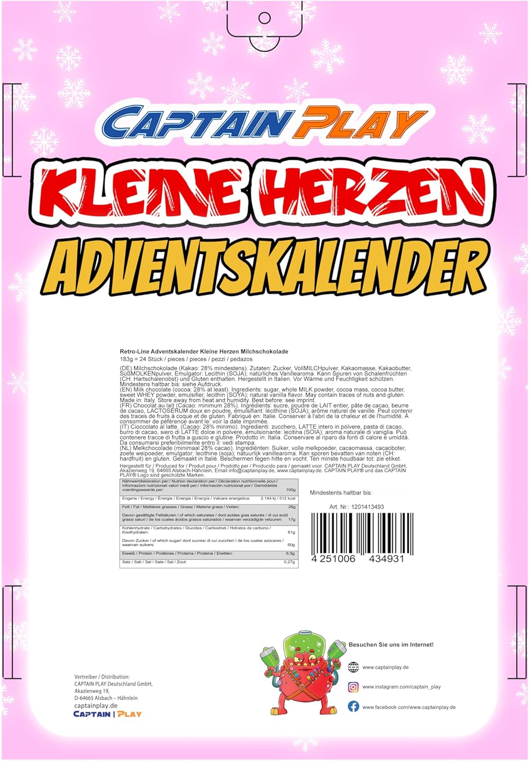 CAPTAIN PLAY Herz Schokolade Adventskalender 2025 - 183g