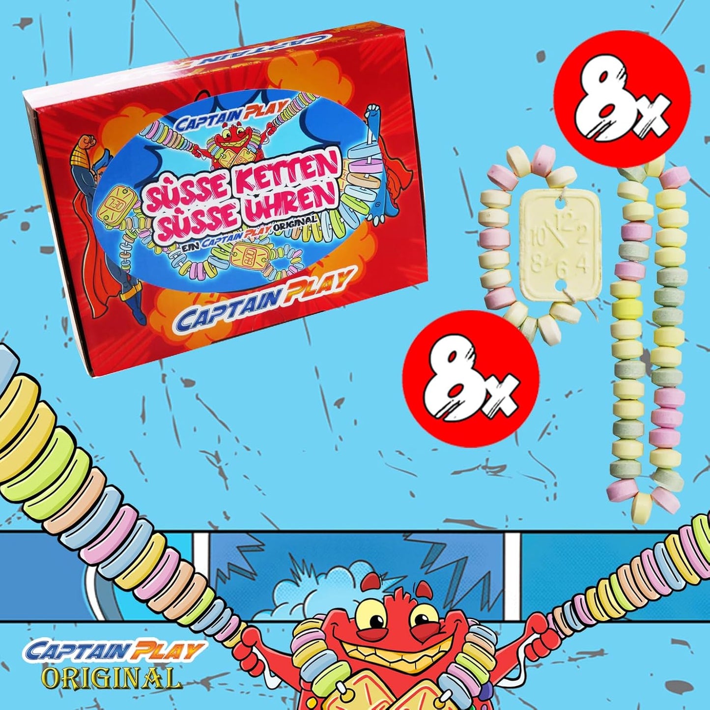 Retro Süßigkeiten Sparpack mit Süße Uhren und Süße Ketten Mix, 16 Stück in Einzelverpackung 244g