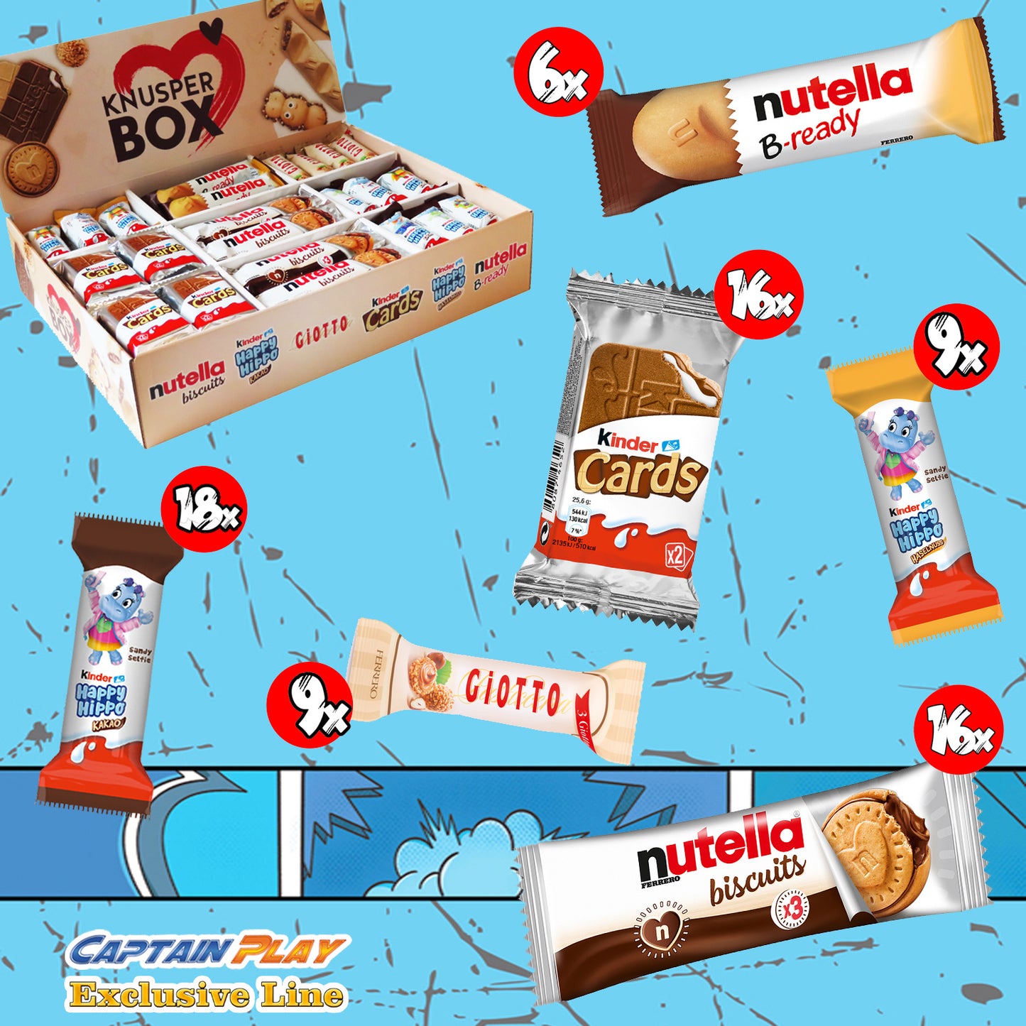 Ferrero Knusper Box mit 74 Teilen in 6 Sorten, mit Kinder Cards, Nutella Biscuits, Kinder Happy Hippo, Nutella B-Ready und Giotto, 1er Pack (1 x 1,8kg)