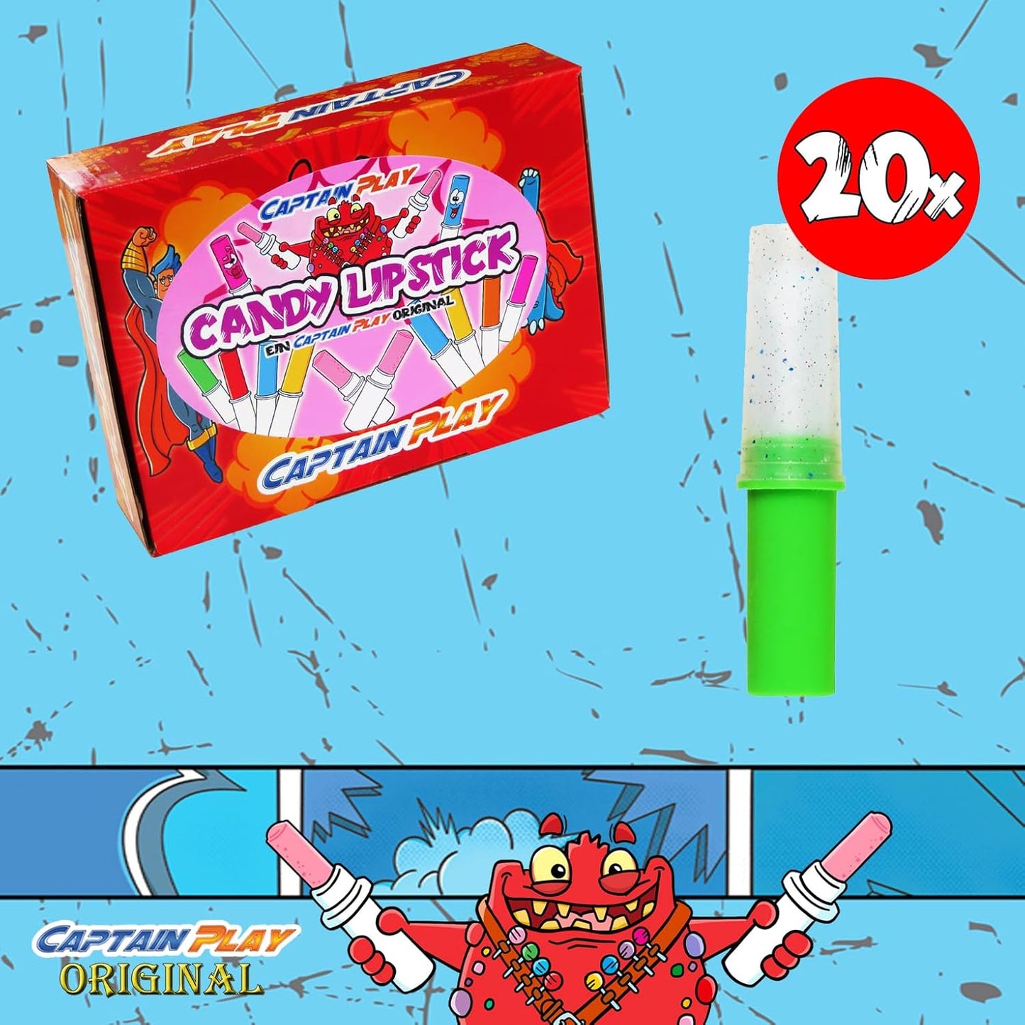 CAPTAIN PLAY Candy Lipstick, 20 Süßwaren Lippenstift einzeln verpackt im Sparpack