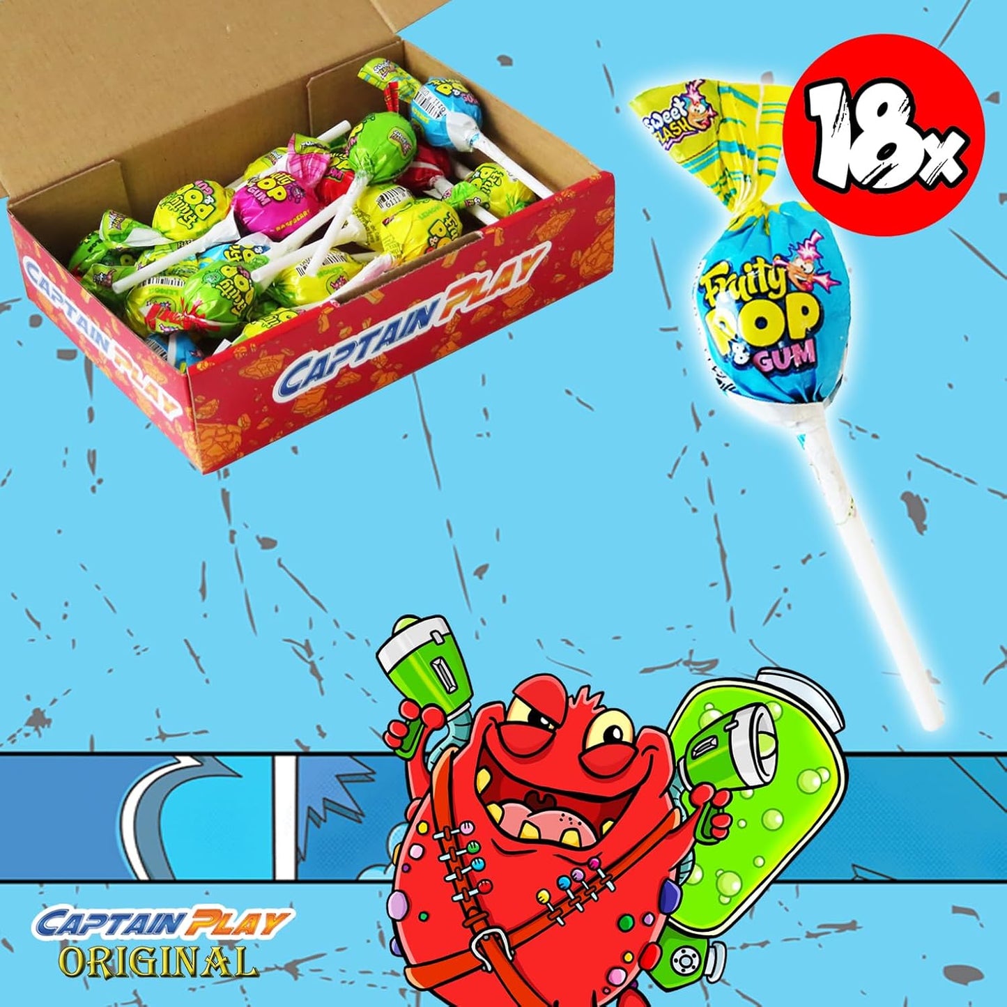 CAPTAIN PLAY Lutscher Sparpack, 18 Stück Lollies mit Kaugummikern in Einzelverpackung 288g